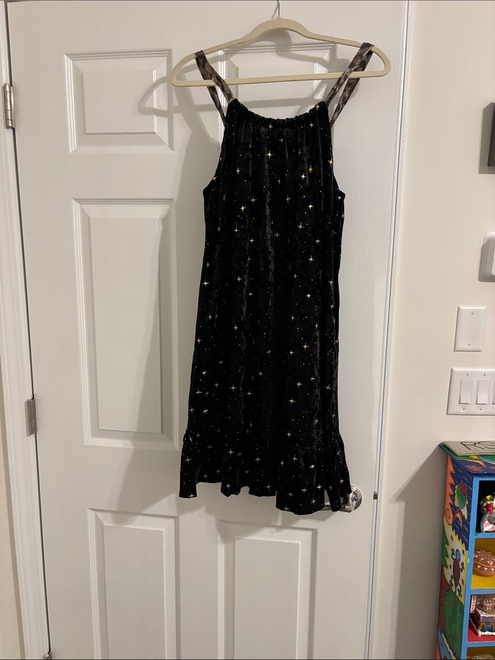 ' Black Velvet Star-Print Dress with Gold Accents